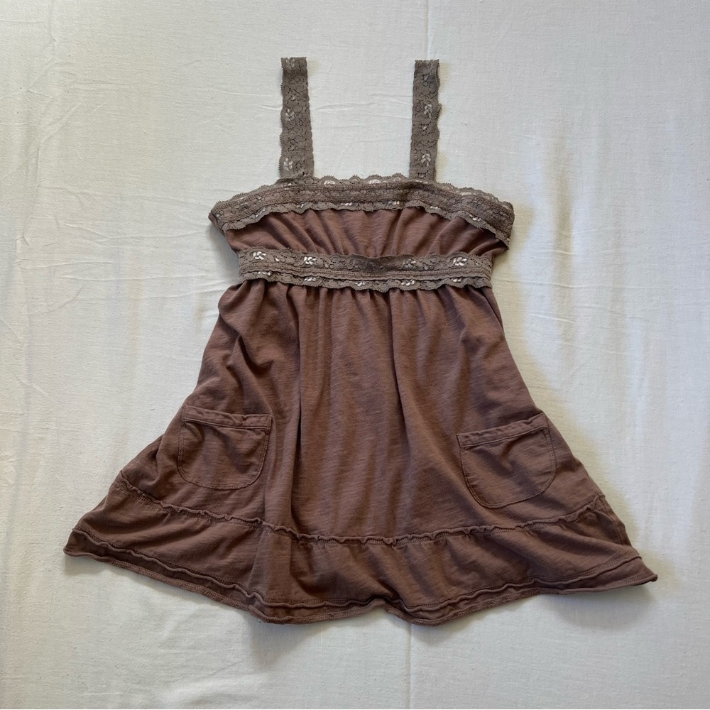 Brown Lace Trim Ruffled Babydoll Top with Pockets